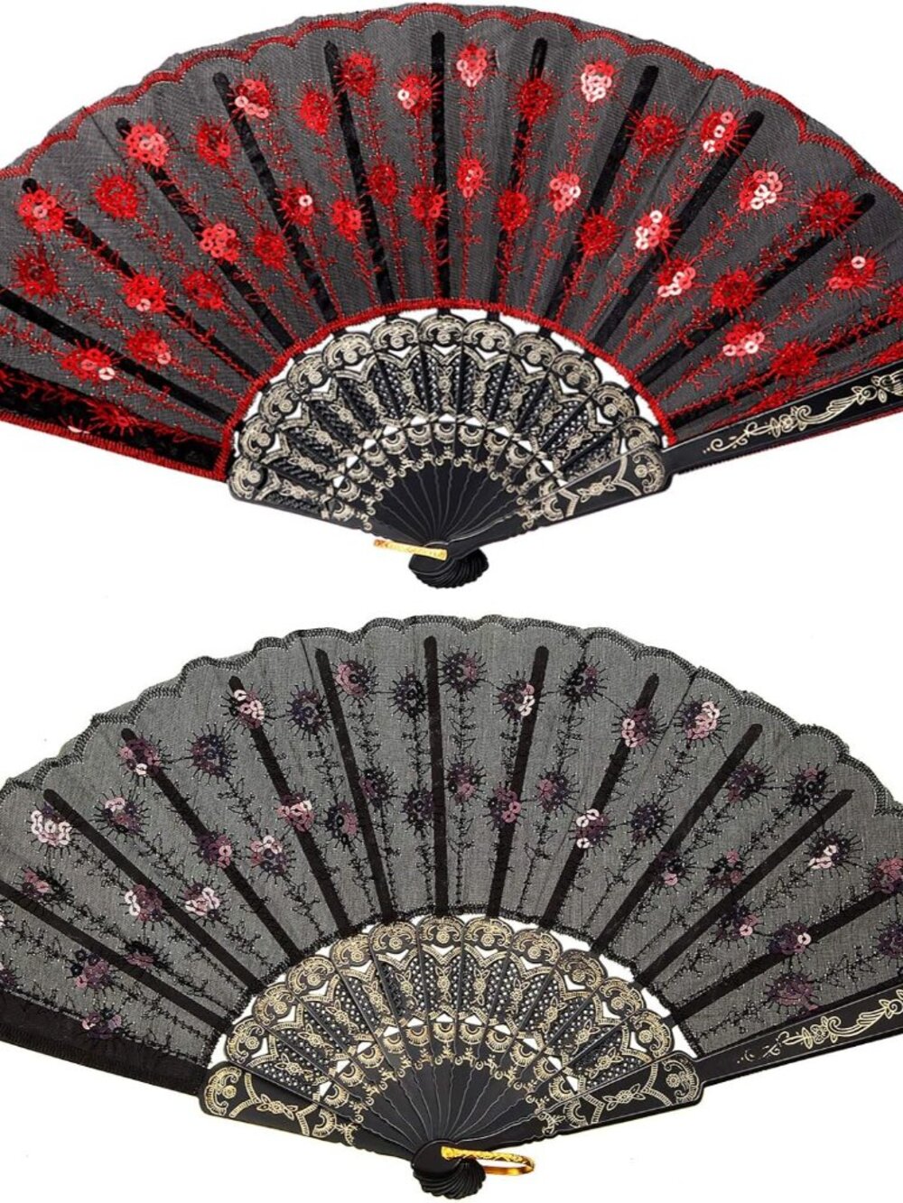 2 Pcs Lace Spanish Folding Fans, Flamenco Hand Fans, Red, Black